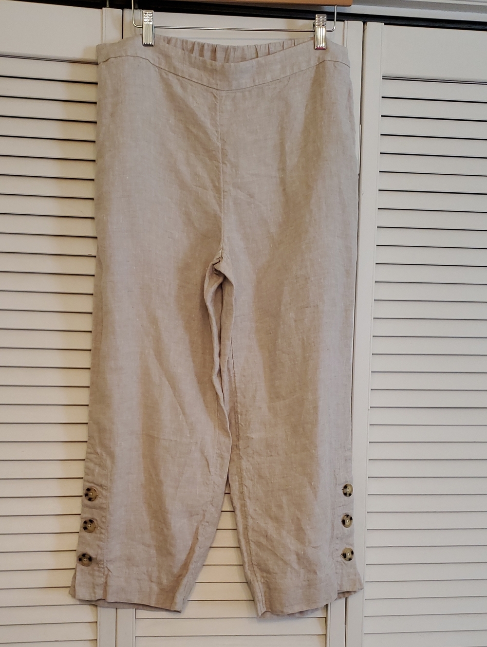 Chico's Linen Pants Tan Cropped  Pockets Elastic Stretch Waist, Size 6